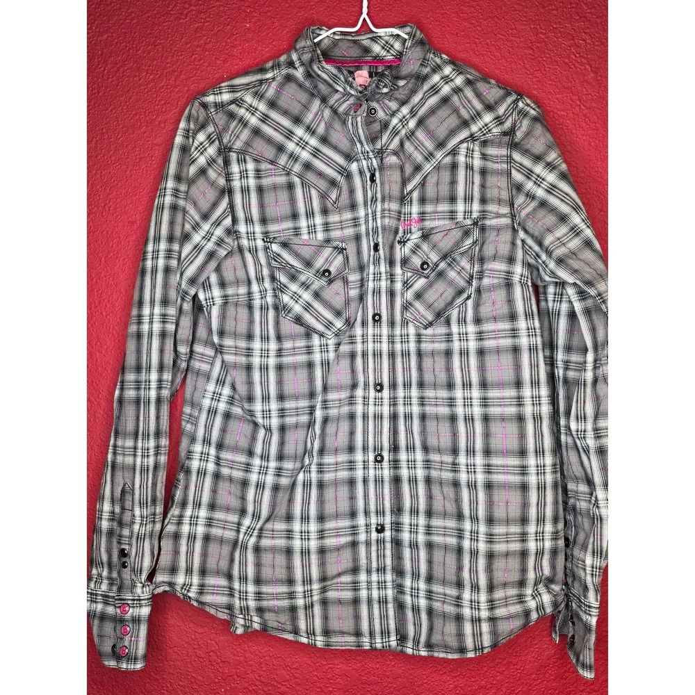 Cruel Girl Women's Plaid Long Sleeve Snap Front Shirt Pink Stitching Size L